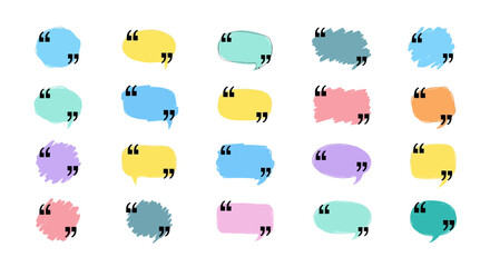 Fototapeta premium Colorful quote box collection, 20 pastel speech bubble vector set, hand drawn brush stroke text frames for testimonials and social media