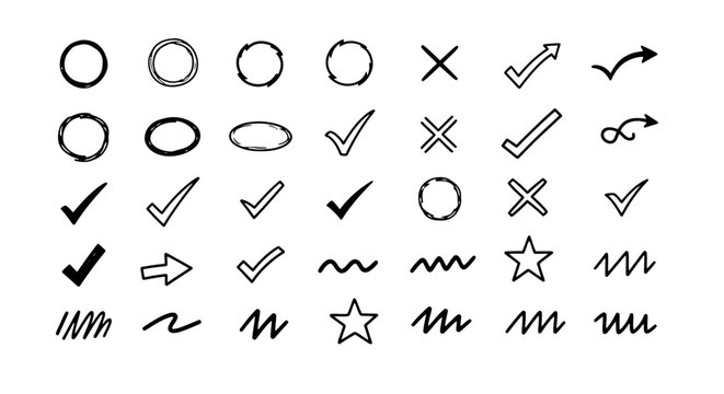 Hand drawn check marks and correction symbols, set of 35 black ink doodle icons, sketch circles and arrows for editing and proofreading
