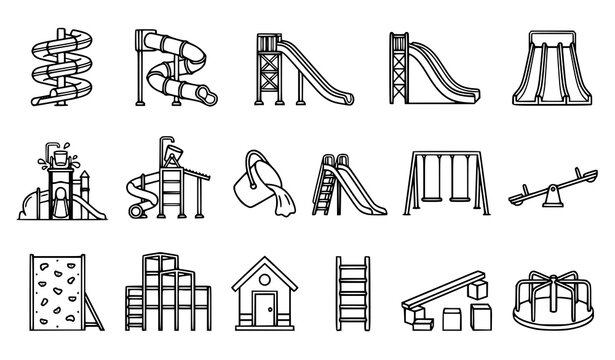 Water slide playground amusement park and children recreation CAD flat vector icon set