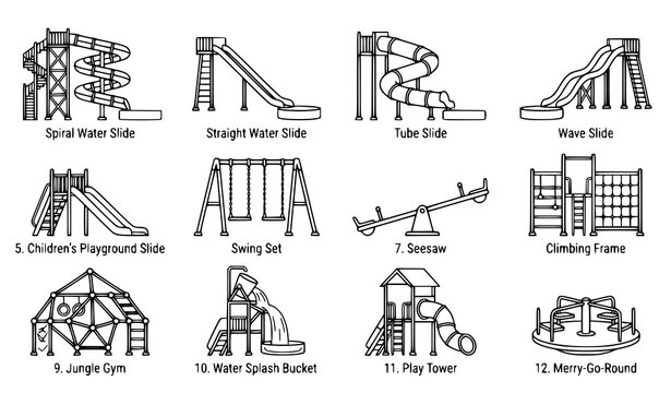 Water park slides and playground equipment CAD style editable outline vector icon collection