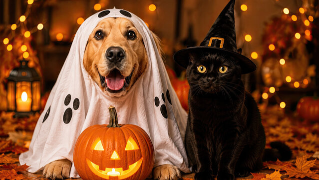 A cute golden retriever dressed as a ghost and a black cat wearing a witch hat beside a halloween pumpkin
