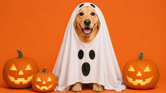A happy golden retriever dog dressed as a cute ghost sitting between carved halloween pumpkin decorations on orange background