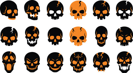 Fototapeta premium Collection of various halloween skull illustrations featuring dark and orange artistic designs for spooky holiday decorations