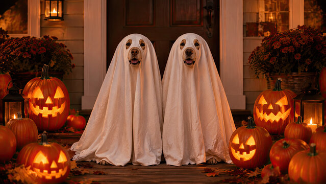 Two adorable golden retriever dogs dressed as ghosts sitting on a porch surrounded by a glowing halloween pumpkin display