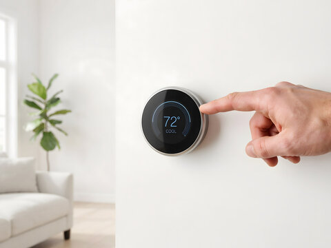 A person's hand adjusting a round smart thermostat mounted on a white wall in a bright living room, showing a temperature setting of 72 degrees