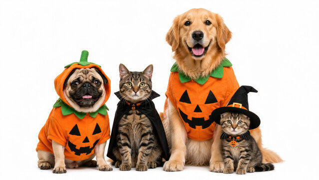 Group of cute dogs and cats wearing funny halloween pumpkin costumes and witch hats sitting together on white background