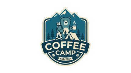 Fototapeta premium Vintage Bear Character Holding Coffee Mug in Camping Wilderness Badge Logo