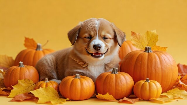 A cute corgi puppy sitting happily among orange pumpkins and autumn leaves for a festive halloween pumpkin themed celebration