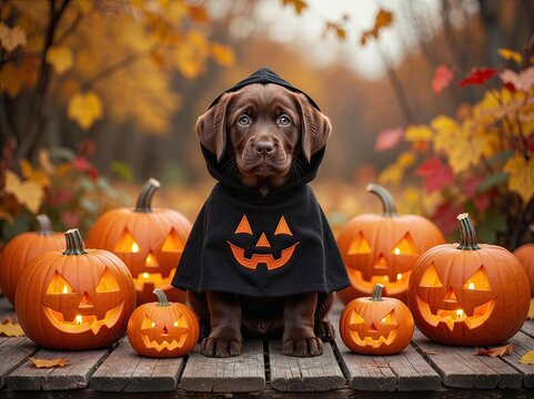 A cute chocolate labrador puppy wearing a festive costume sitting outdoors surrounded by glowing jack o lantern halloween pumpkin decorations