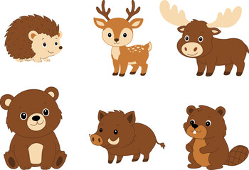 Cute forest animals vector collection with hedgehog, deer, moose, bear cub, wild boar and beaver, hand drawn woodland wildlife set for children's design, nursery decor and educational projects © Halyna