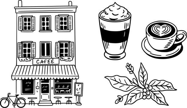 白い背景の上のコーヒー飲料とコーヒー豆のある居心地の良いカフェの建物の手描き図