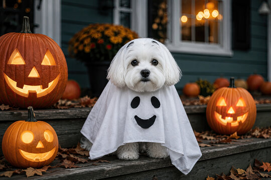 Adorable white puppy wearing a ghost costume sitting on porch steps surrounded by glowing illuminated halloween pumpkin decorations outdoors