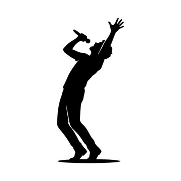 Silhouette of a male singer holding a microphone leaning back with arm raised in live performance