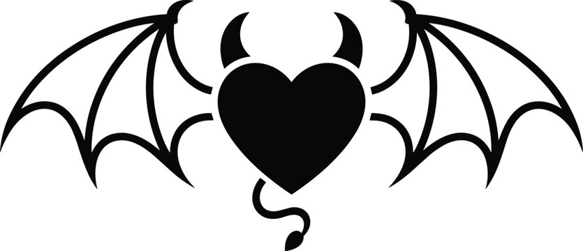 Black silhouette devil heart vector illustration featuring bat wings horns and pointed tail for gothic tattoo design