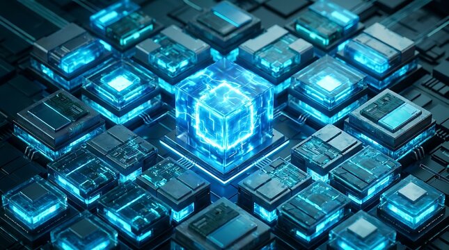 A futuristic central processing unit glowing with bright blue light surrounded by multiple interconnected microchips on a dark complex computer motherboard circuit board