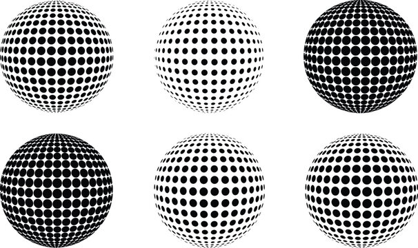 Halftone dotted 3D sphere vector icon set featuring abstract black gradient ball shapes for modern technology graphic design
