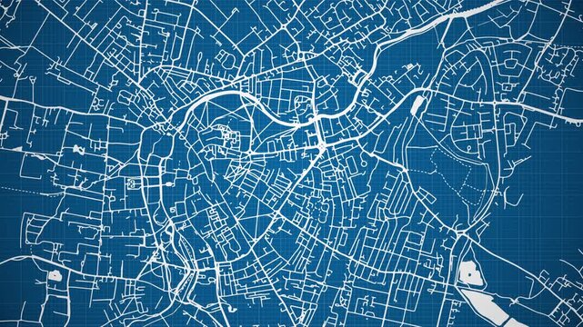 Ink reveal animation of Cambridge city, Cambridgeshire, England, United Kingdom, grid map. Aerial top view. Blueprint style. White lines with blue background. 4K Seamless loop.