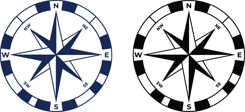Vintage compass rose vector illustration set featuring dark blue and black nautical navigation symbol designs
