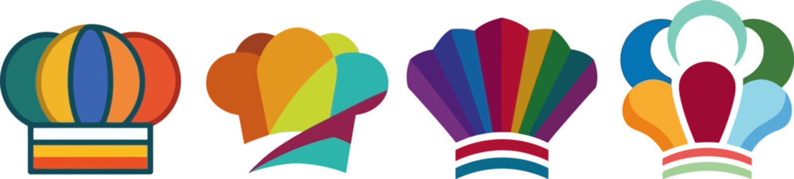 Colorful chef hat logo set, vibrant culinary icons for restaurant branding, modern kitchen apparel vector graphics, creative bakery and catering symbols