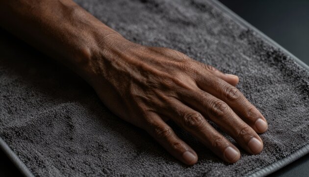 Close-up of Dark Skin Tone Hand Resting on Textured Grey Towel