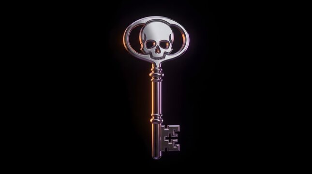 Ancient silver gothic skeleton key with skull emblem isolated on dark background for halloween party mystery fantasy concept