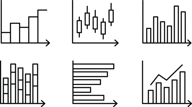 Black line art business chart vector icon set featuring candlestick bar graph stacked chart and growth line elements