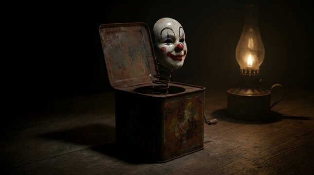 Creepy vintage jack in the box toy with a scary clown face emerging in the dark, perfect for a spooky Halloween thriller theme