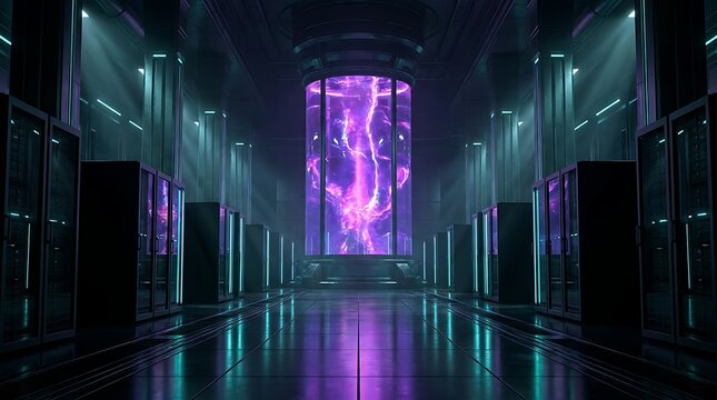 A futuristic dark laboratory corridor featuring a glowing purple energy core inside a glass containment chamber with reflective metallic surfaces and lighting
