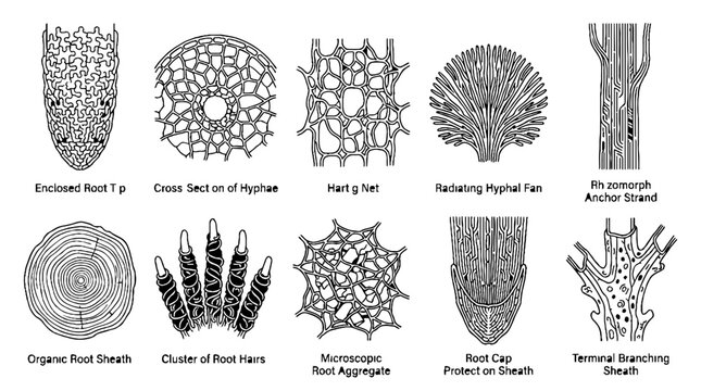Scientific illustration of various fungal root structures and mycelial growth patterns.