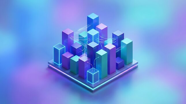 Abstract isometric city skyline visualization with glowing neon building structures representing digital growth data analytics and futuristic urban development in a virtual space