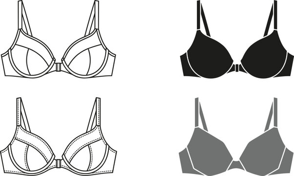 Women bra technical flat sketch vector set featuring front closure brassiere outline and silhouette technical drawing for fashion design