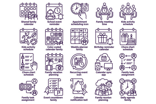 Family organization and planning icons set with various calendar and scheduling activities for digital design