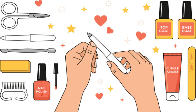 Manicure kit and nail care accessories vector illustration set featuring filing nails polish bottles and grooming tools