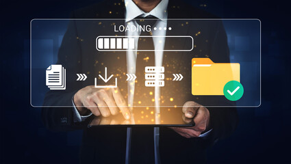 Obraz premium Businessman Using Tablet for Data Upload and Download with Progress Bar and Checkmark Icon in Modern Digital Workspace. Glyphic.
