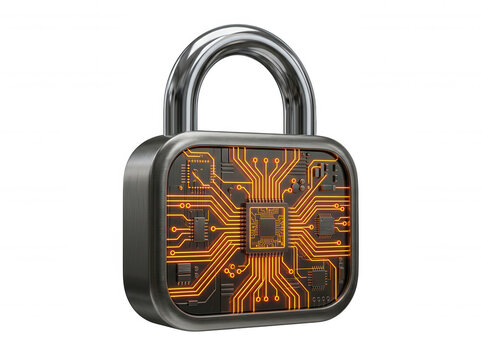 Golden digital padlock with binary code and circuit patterns isolated on a transparent background
