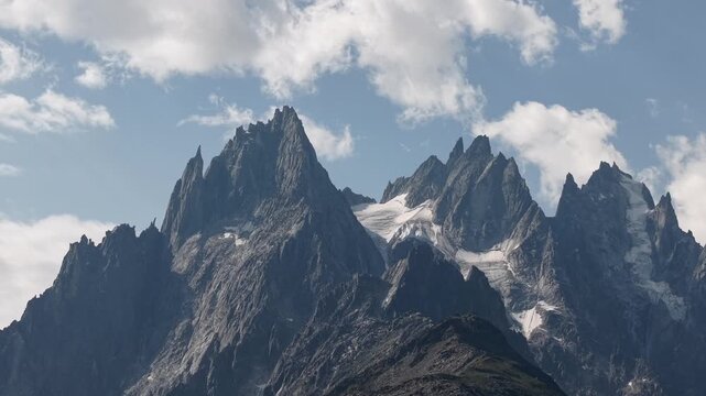 Sommets enneig&eacute;s du massif du Mont-Blanc &agrave; Chamonix sous un ciel bleu