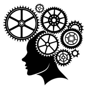 Human head silhouette with gear icons conceptual design