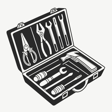 Open tool box with assorted manual hand tools graphic, mechanic