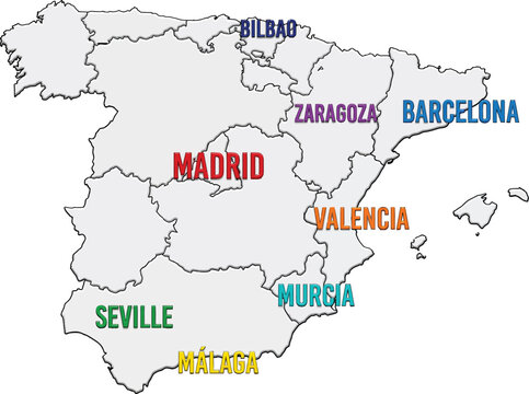 Map of Spain with major cities. Geographic illustration showing Spanish urban locations.