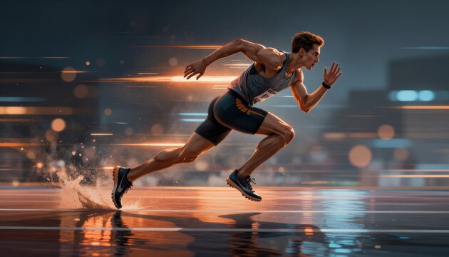 Male Athlete Sprinting on Wet Track at Night