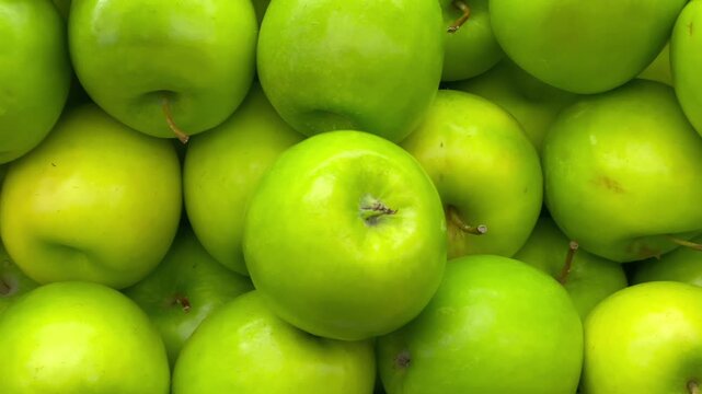 Fresh green apples displayed at fruit market