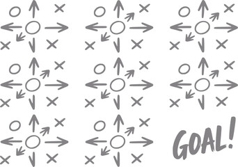 Un patrón de diagramas tácticos de fútbol dibujados a mano con flechas y círculos con la palabra gol en la esquina © simplevector