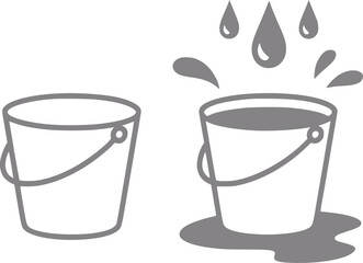 Un set simple que muestra un cubo vacío junto a un cubo lleno con agua salpicando y derramándose en el suelo © simplevector
