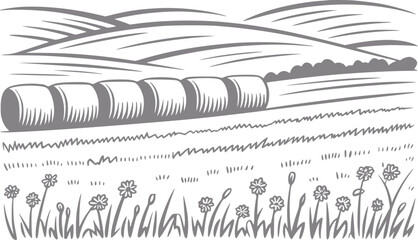 Una imagen estilizada en blanco y negro de balas de heno en un campo ondulado con flores silvestres © simplevector