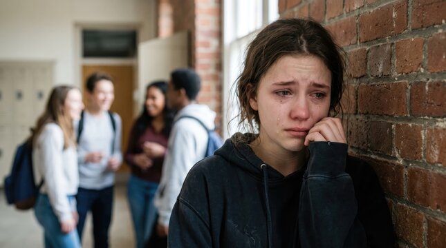 Crying teenage girl leaning against brick wall while peers walk away