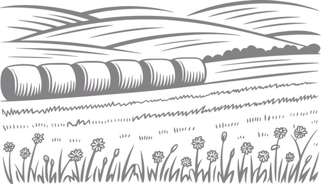 Una imagen estilizada en blanco y negro de balas de heno en un campo ondulado con flores silvestres