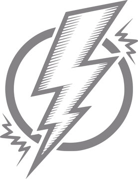 Un rayo gris estilizado dentro de un c&iacute;rculo con l&iacute;neas de descarga el&eacute;ctrica irregulares sobre un fondo blanco