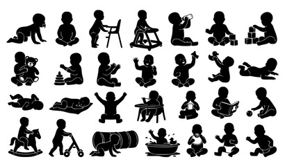 Obraz premium Baby Infant Silhouette Vector Set Crawling Sitting Playing Childcare Collection Isolated on White Background