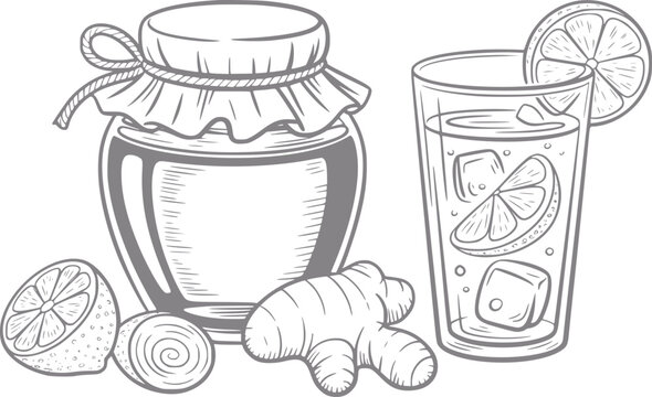 Dibujo a mano de un tarro de miel, ra&iacute;z de jengibre fresca y un vaso refrescante de limonada con hielo y c&iacute;tricos