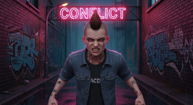 punk character with mohawk in neon lit alley, angry urban 3d character portrait